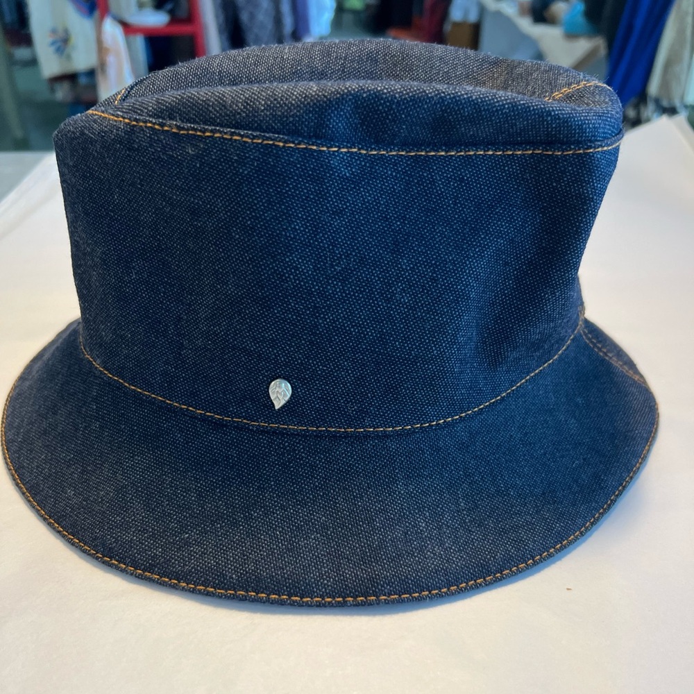 Helen Kaminski Navy Denim Bucket Hat with Gold Stitching